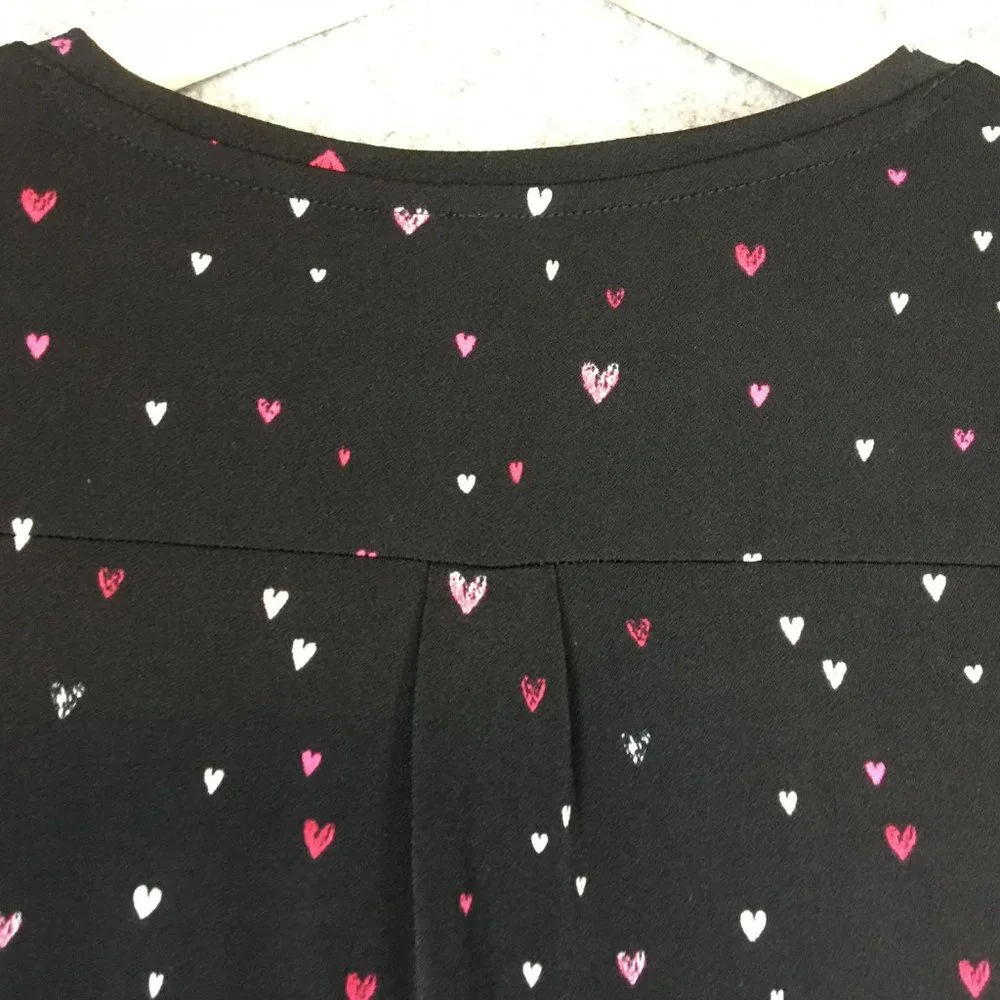 Elle Top XS Blouse Career Heart Print Crepe Black Accordion Pleat Sleeves Pink - Picture 11 of 13